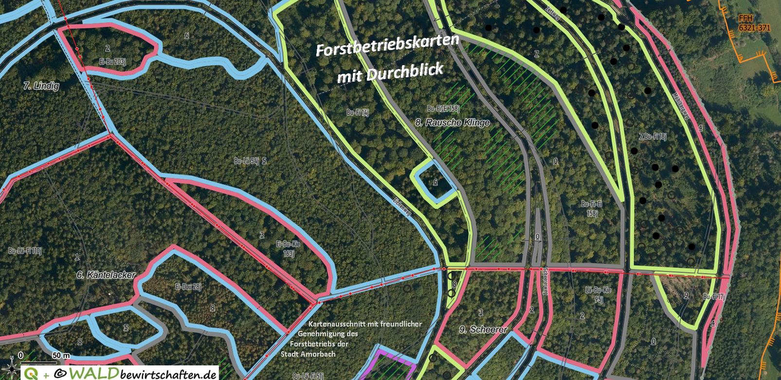 Forstbetriebskarten mit Durchblick, über dem Luftbild sieht man mehr