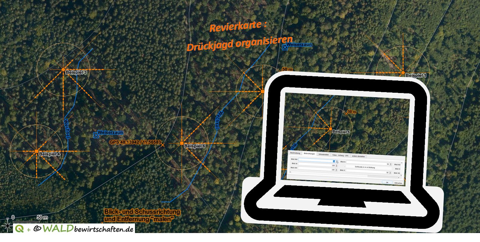 Revierkarte mir Blick- und Schussrichtung, Analyse, Drückjagd organisieren